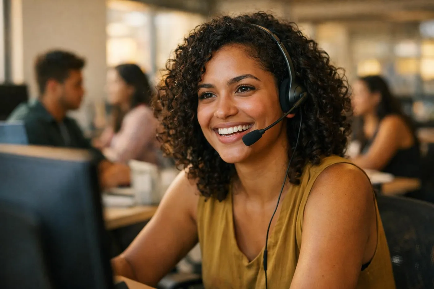 Operadora brasileira sorrindo ao telefone com headset em uma operação de vendas
