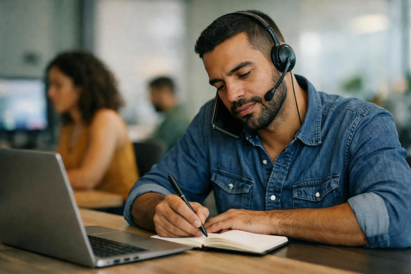 Vendedor brasileiro com headset fazendo anotações durante uma ligação