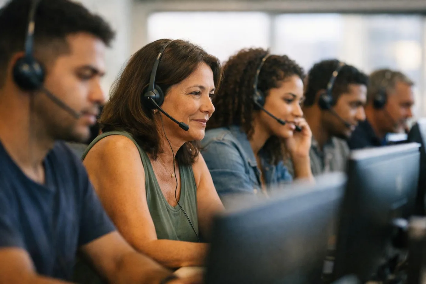 Equipe de operadores com headset atendendo ligações lado a lado em um call center