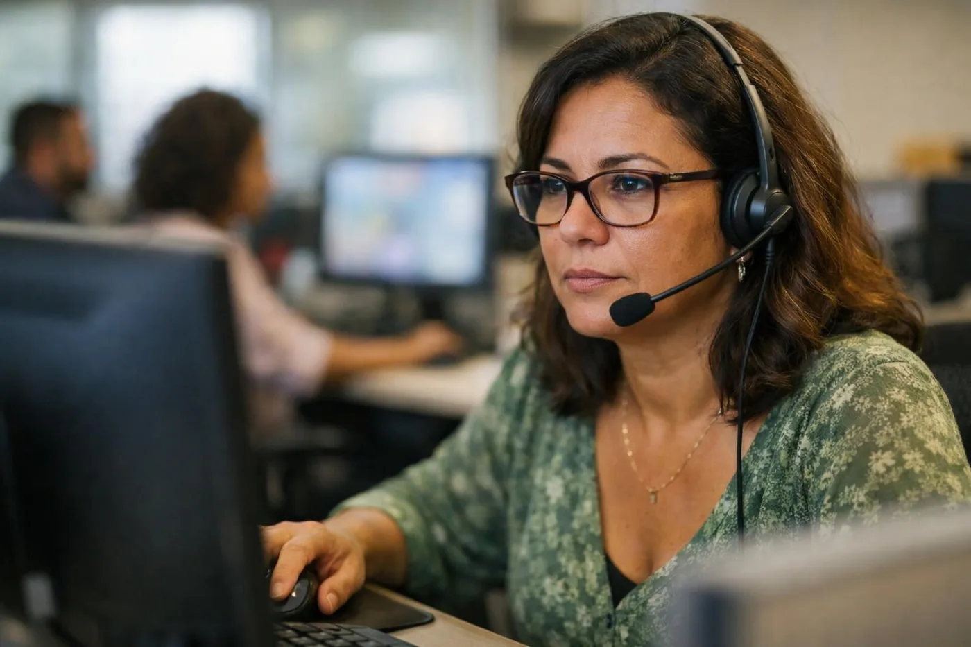 Operadora lendo a ficha do cliente na tela antes de iniciar a ligação