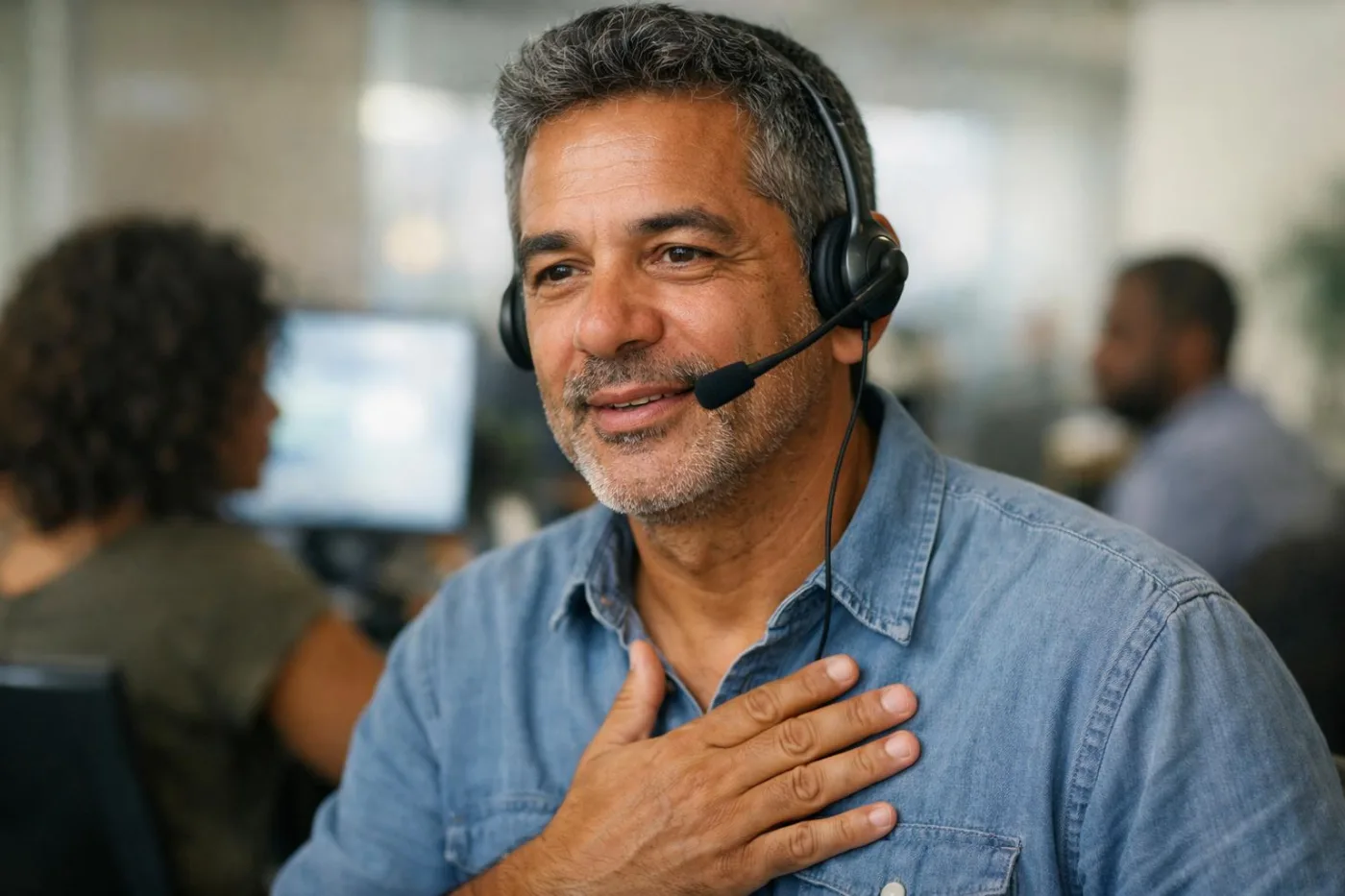 Operador conversando com calma e atenção com um cliente ao telefone