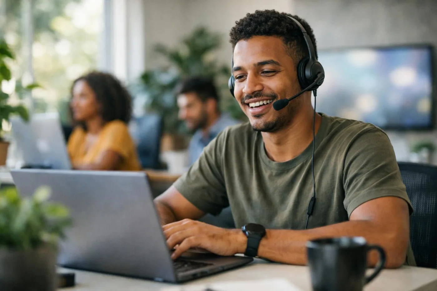 Atendente usando headset e notebook em uma mesa de escritório moderno