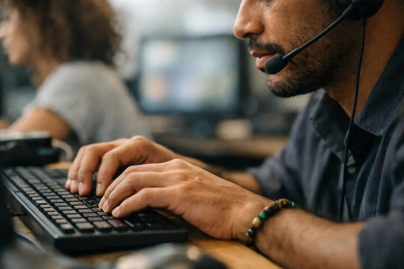 Operadora anotando o resultado da ligação no teclado enquanto usa headset