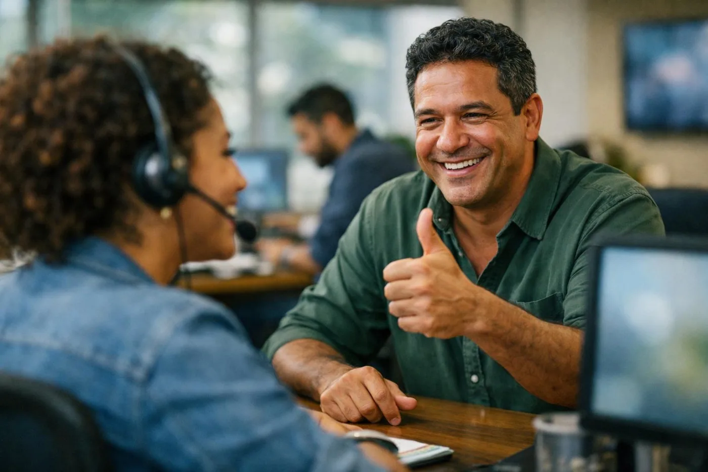 Líder de equipe incentivando uma operadora com headset durante o turno