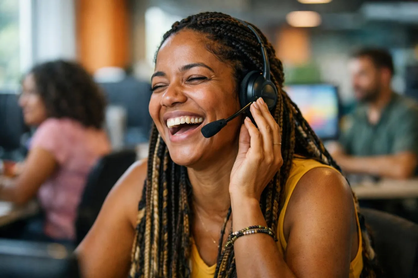Atendente com headset rindo durante uma conversa por telefone
