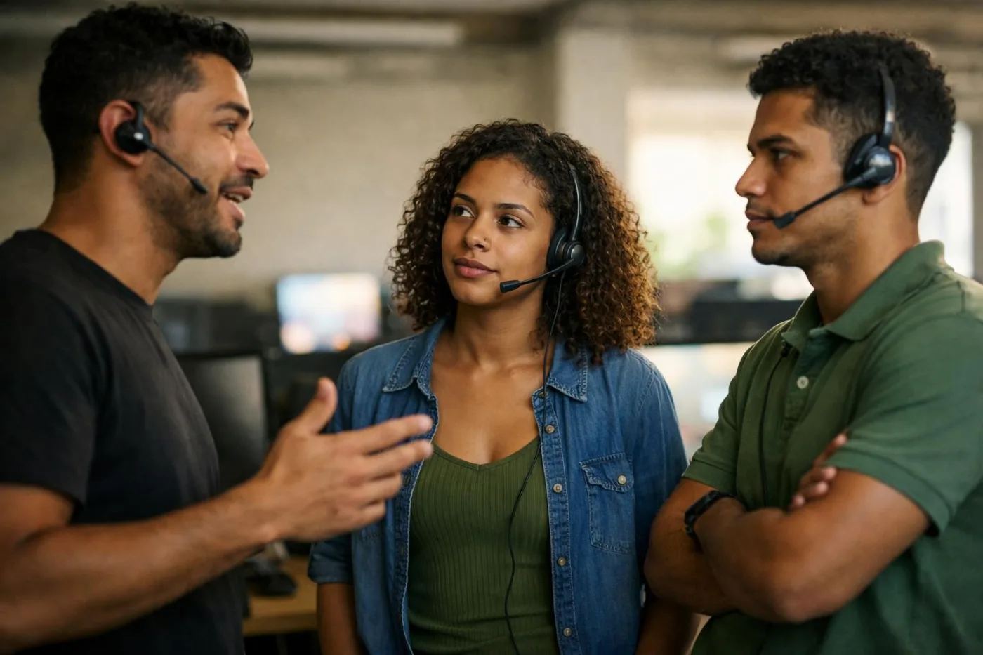 Equipe de operadores com headset em reunião rápida antes do turno de ligações