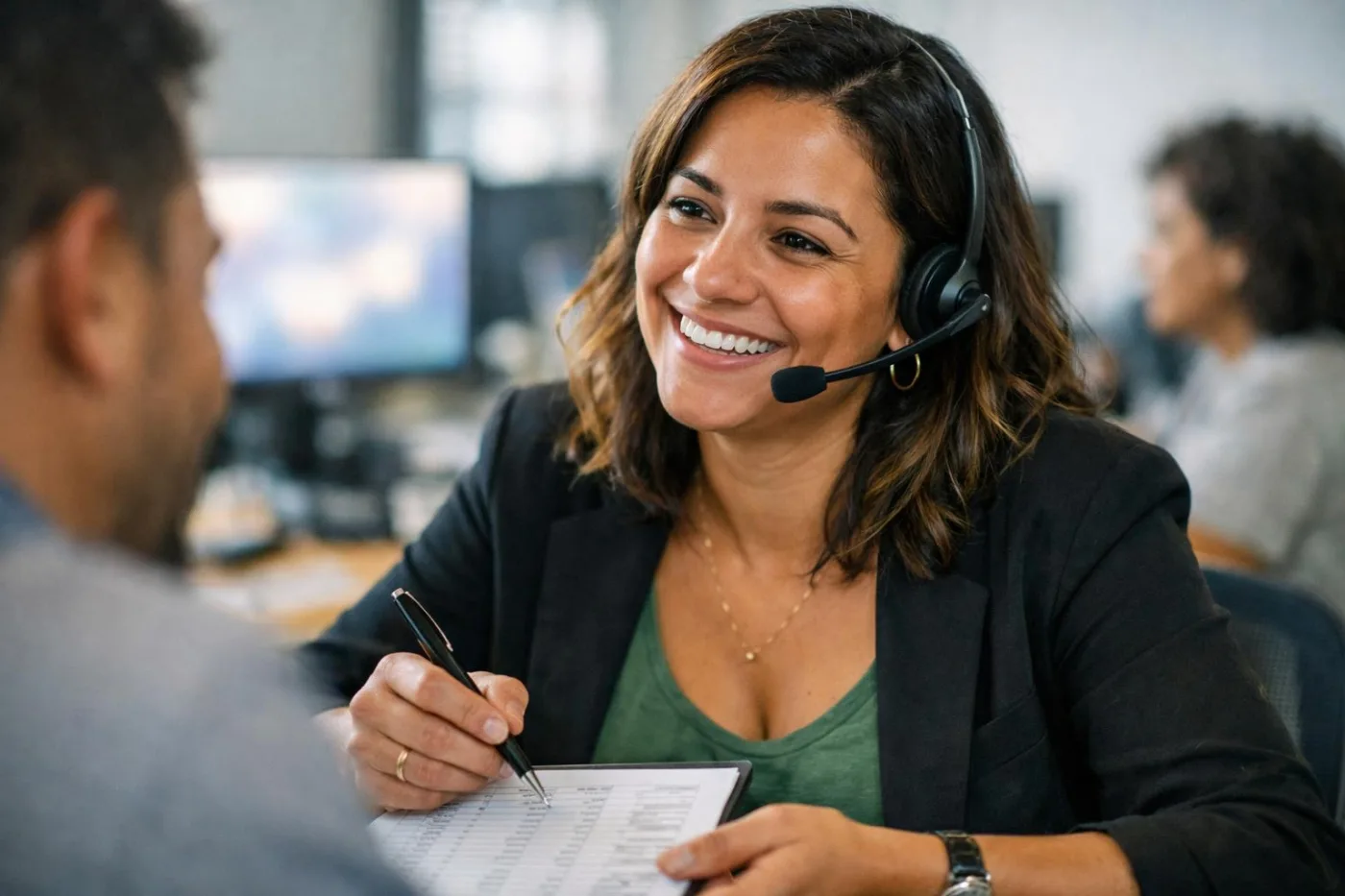 Vendedora com headset sorrindo durante uma ligação com uma lista de contatos na mesa