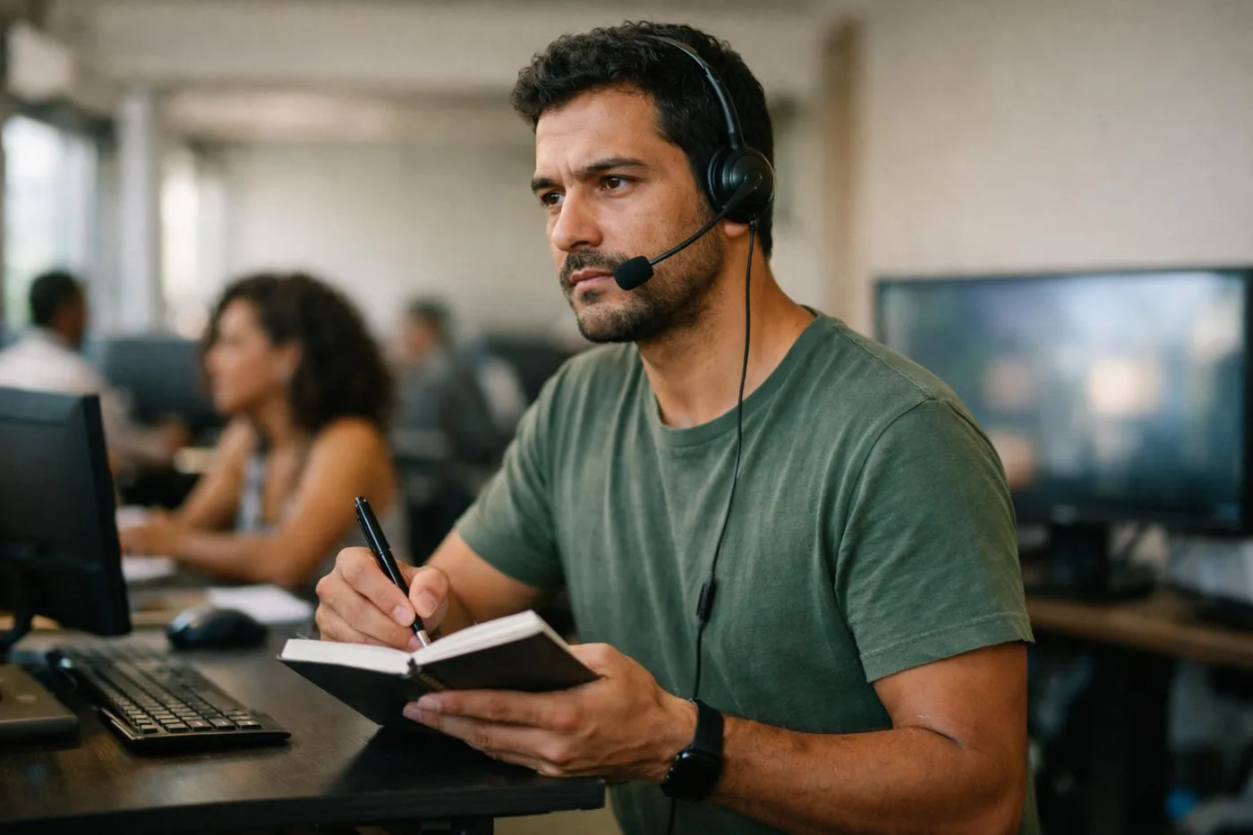 Vendedor de pé com headset ouvindo o cliente com atenção
