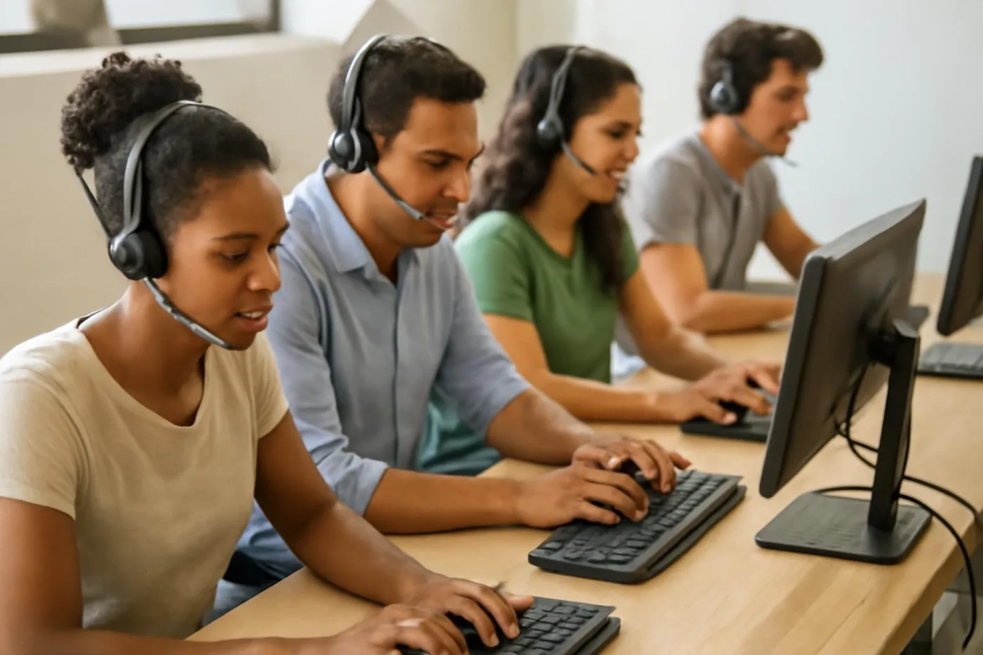 Grupo de operadores com headset trabalhando lado a lado em uma mesa compartilhada