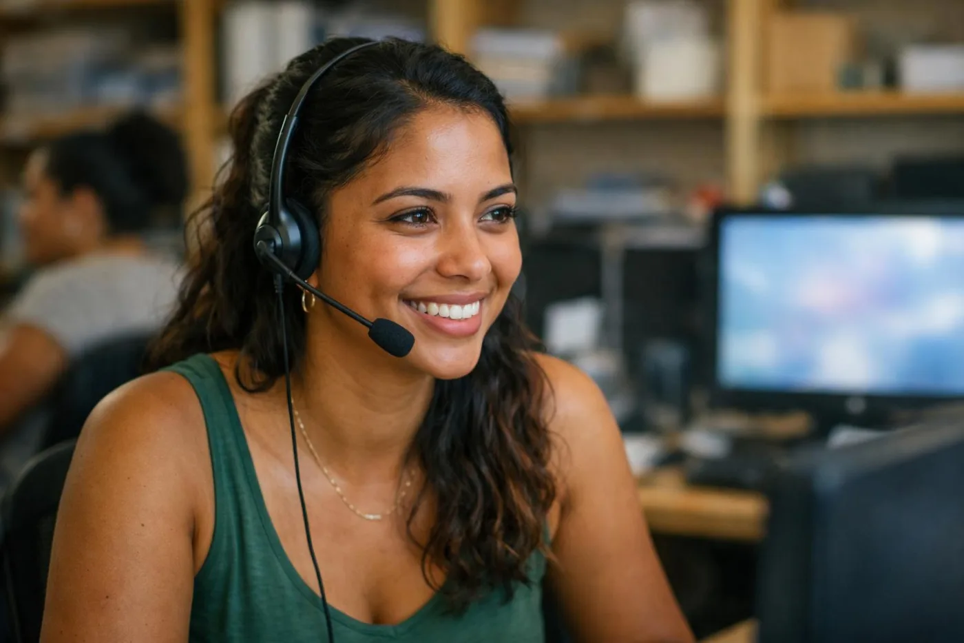 Atendente de uma pequena empresa conversando com confiança ao telefone com headset