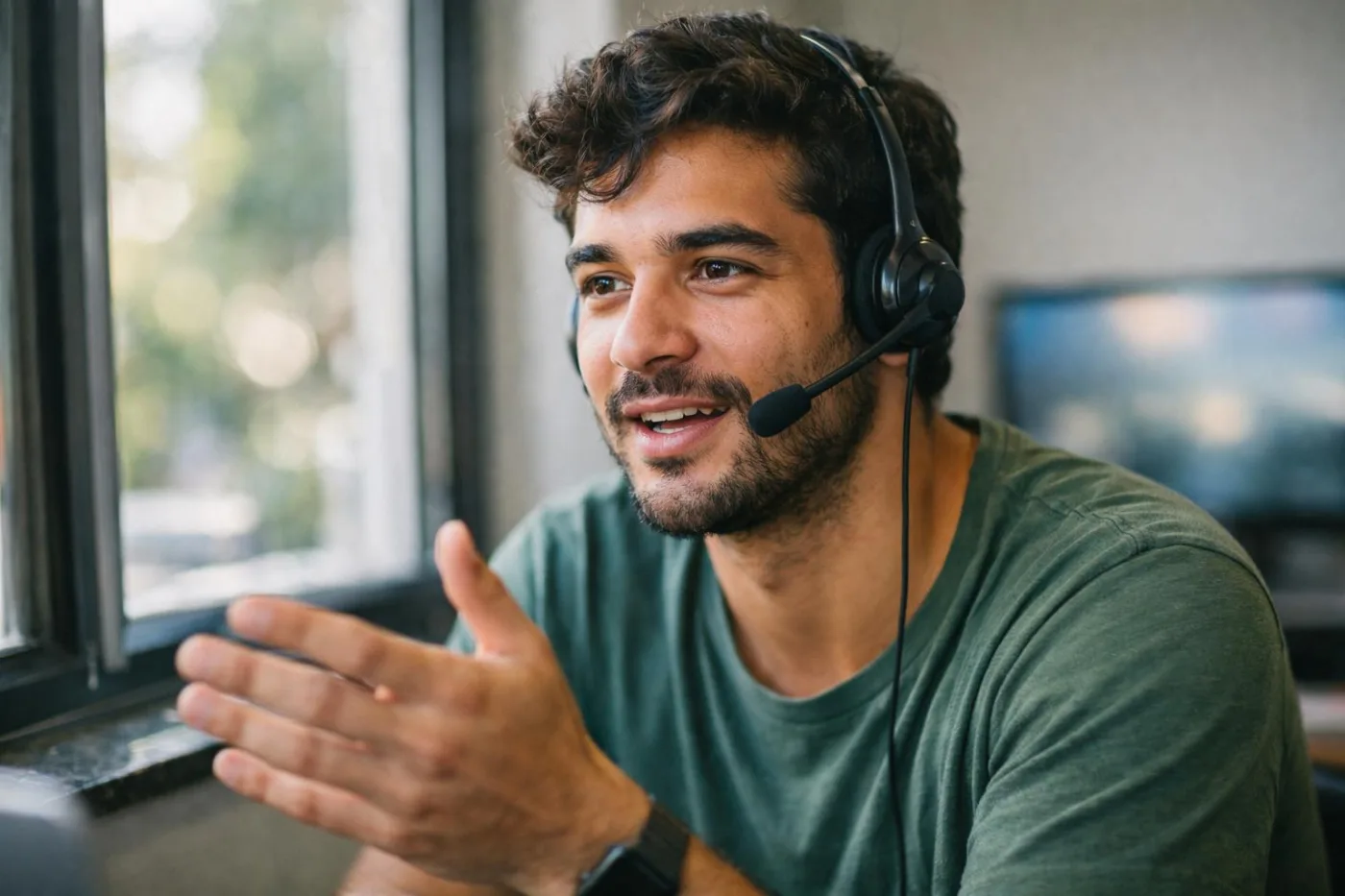 Operador jovem com headset explicando algo ao cliente durante uma ligação