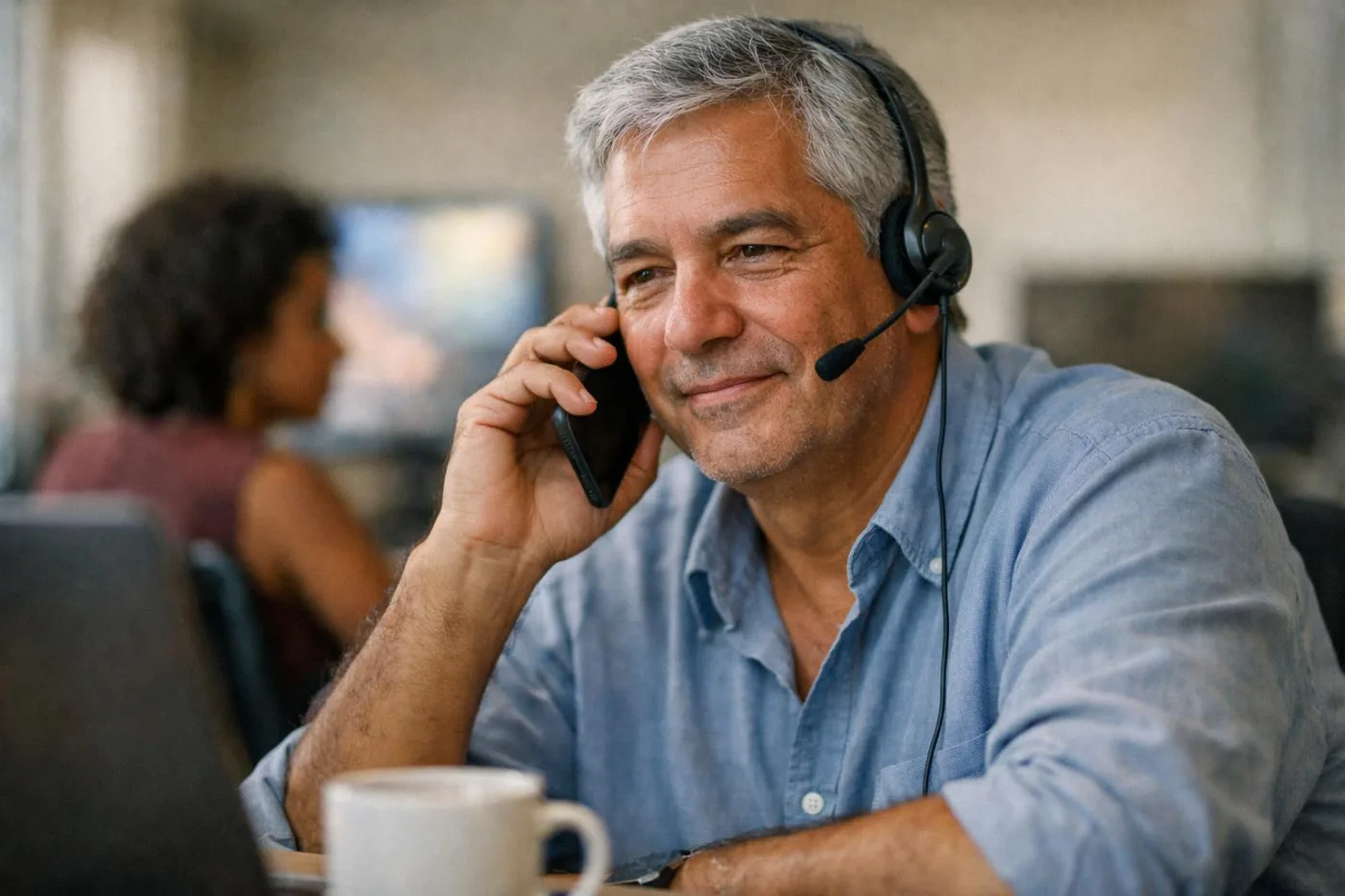 Operador experiente negociando com calma ao telefone com headset
